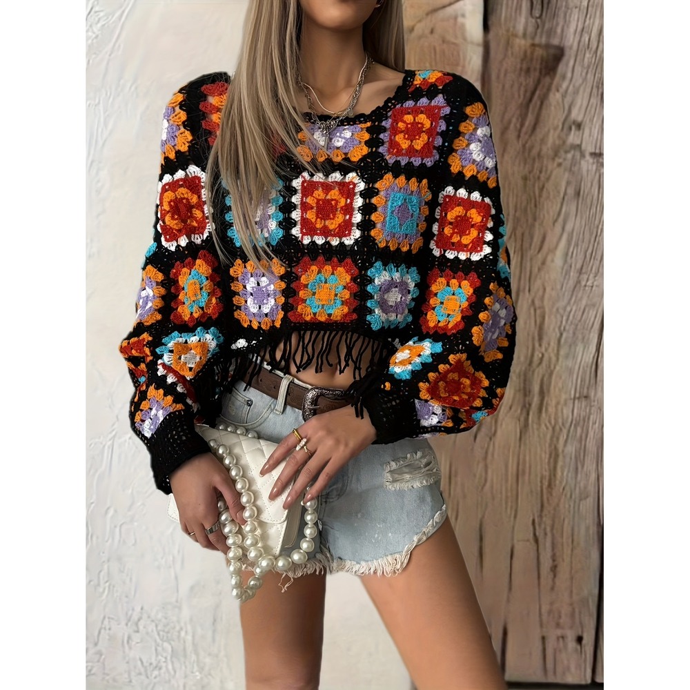 Unbranded Boho Crochet Granny Square Cropped Sweater Fringe Multi Color NEW S/M